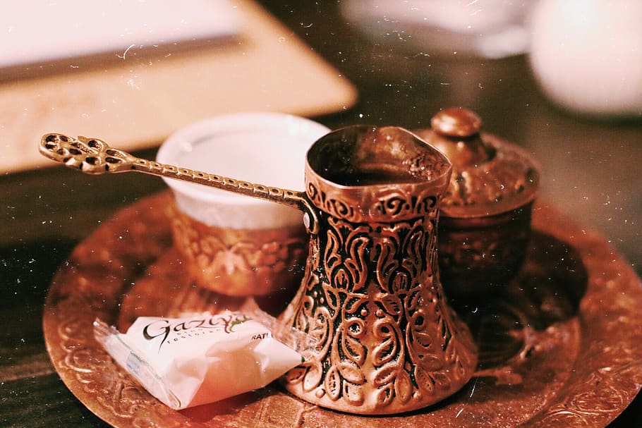 Brass Coffee Laddle, chocolate, close-up, container, cup, drink HD wallpaper