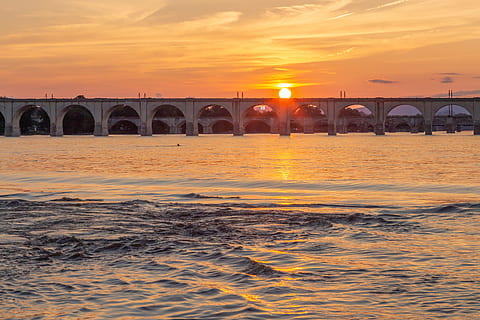 sunset, river, landscape, dusk, nature, water, architecture HD wallpaper