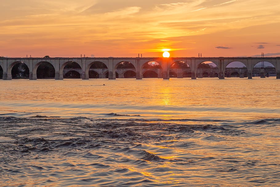 sunset, river, landscape, dusk, nature, water, architecture HD wallpaper
