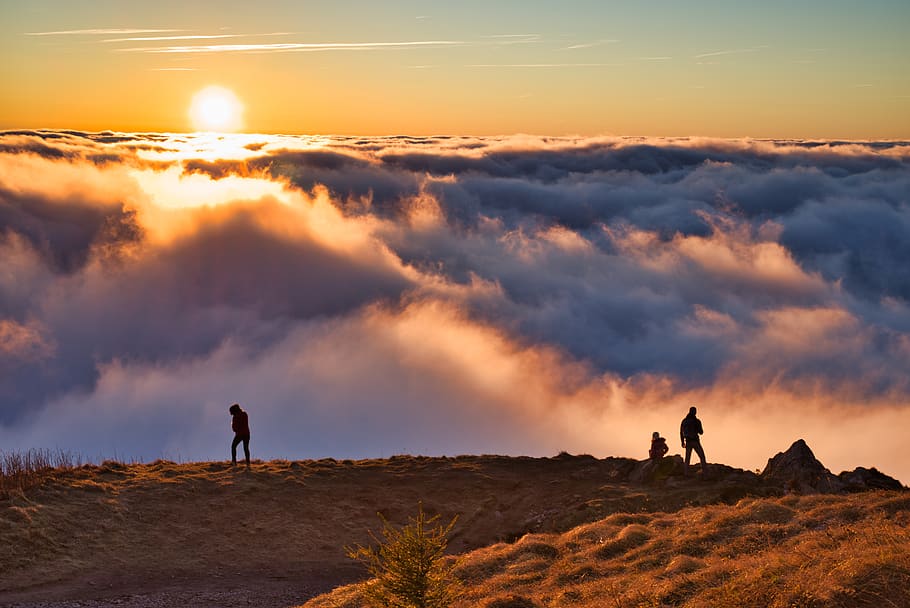 landscape, mountain, summit, clouds, sunset, silhouette, observer HD wallpaper