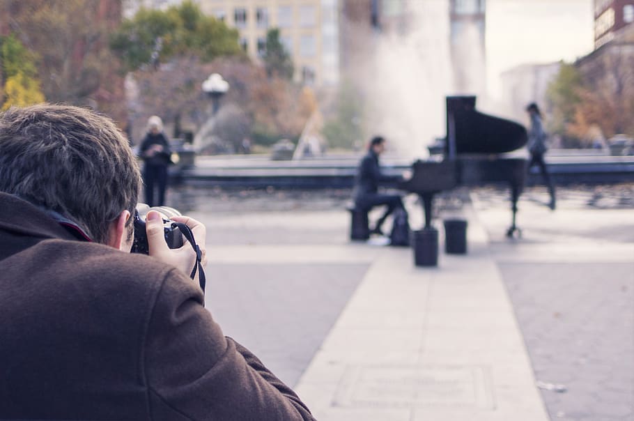 Man Taking a Photo of Person Playing Piano, art, artist, camera HD wallpaper