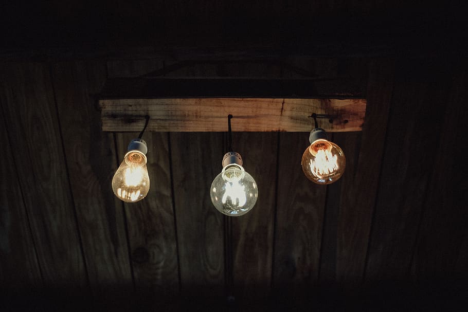Three Illuminated Lightbulbs , ceiling, ceiling lights, hanging HD wallpaper