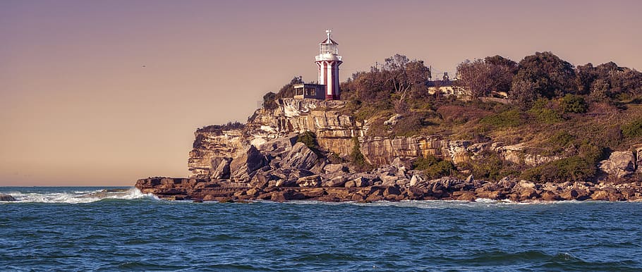 White Lighthouse Tower, architecture, beach, clouds, dusk, evening HD wallpaper