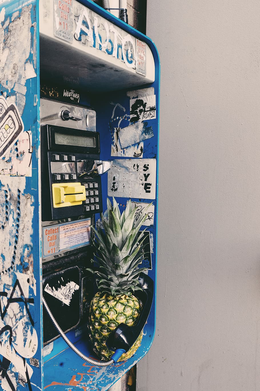 pineapple, fruit, food, plant, sticker, pay phone, urban, phone call, HD wallpaper