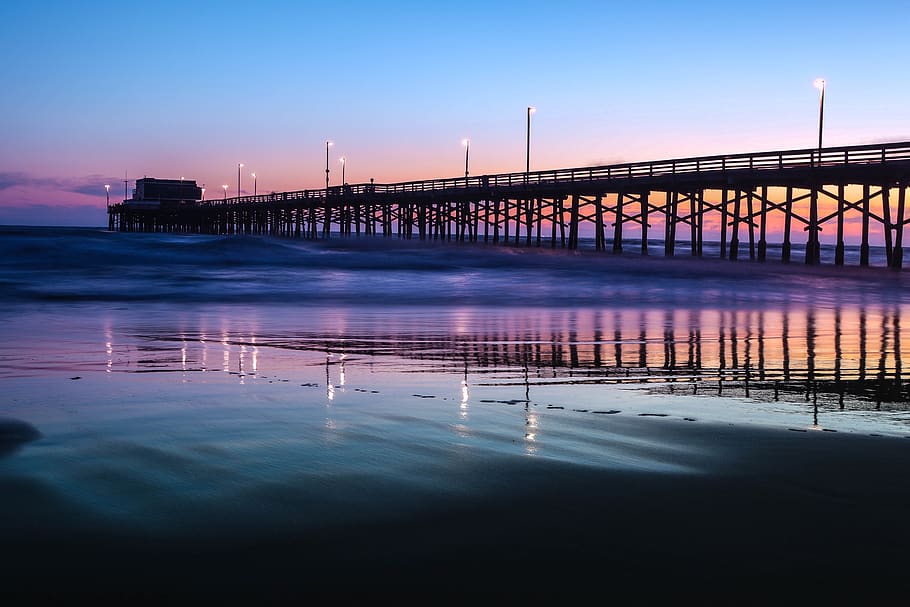 sea, ocean, water, wave, nature, pier, blue, sky, lights, reflection HD wallpaper