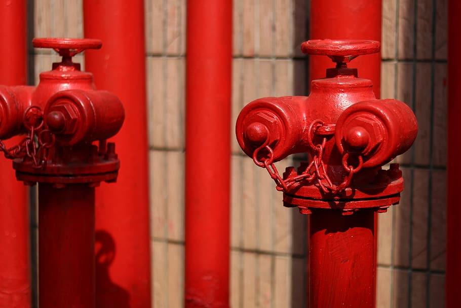 two red fire hydrants, plumbing, rust, dome, architecture, building HD wallpaper