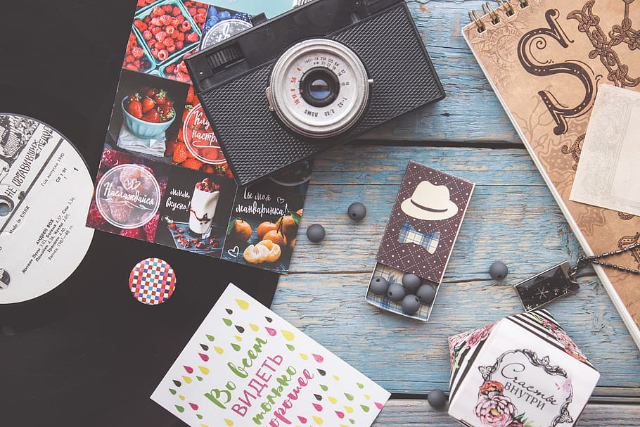 flatlay, camera, blogger, design, items, style, high angle view HD wallpaper