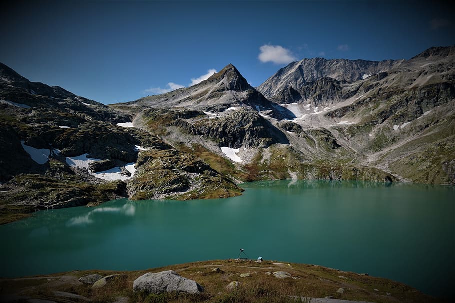 bergsee, mountains, alpine, sky, hiking, vacations, mountain landscape HD wallpaper
