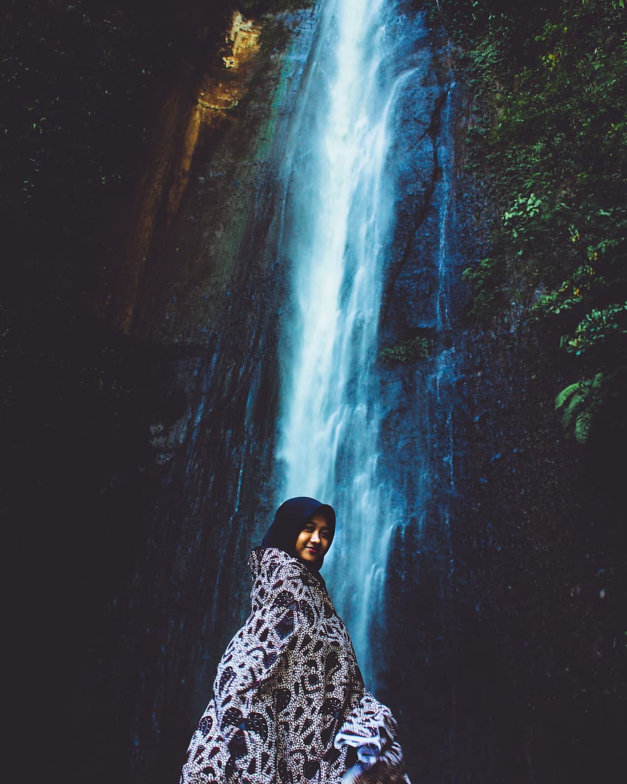 Woman in Front Waterfall, cascade, outdoorchallenge, person, pose HD wallpaper
