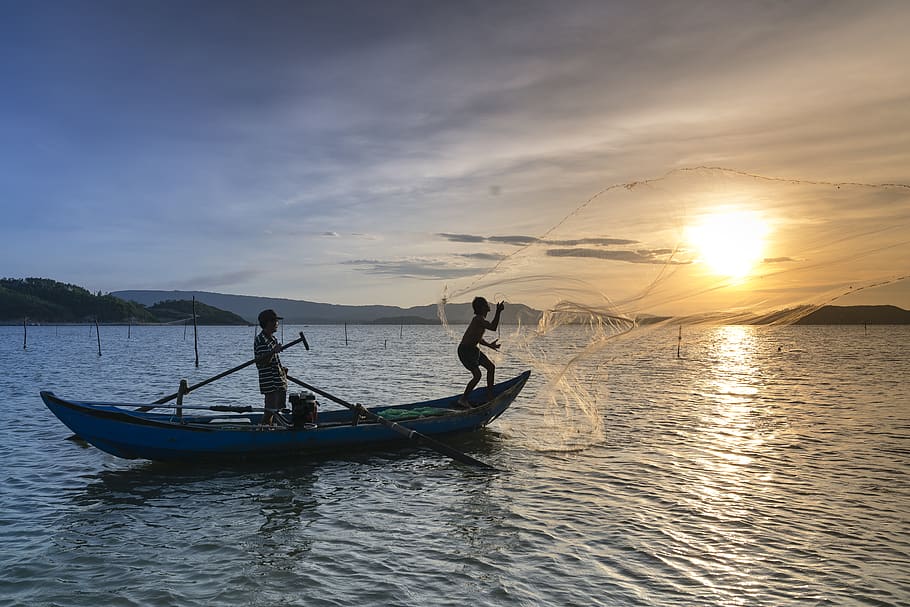 Silhouette Photo of Two Men Riding a Boat, beach, boatman, canoe