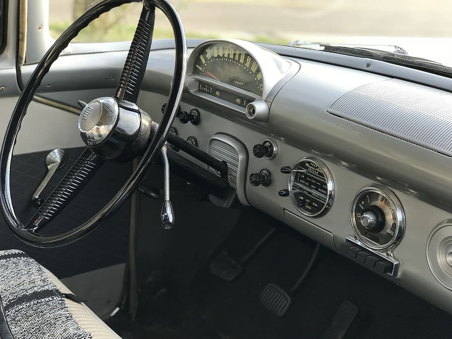1955 ford, dash, dashboard, old car, steering wheel, gauges, HD wallpaper