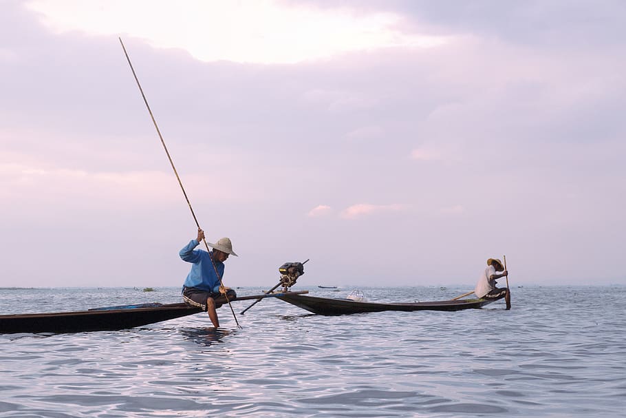 man in blue top, water, sky, sea, fishing, transportation, cloud - sky HD wallpaper