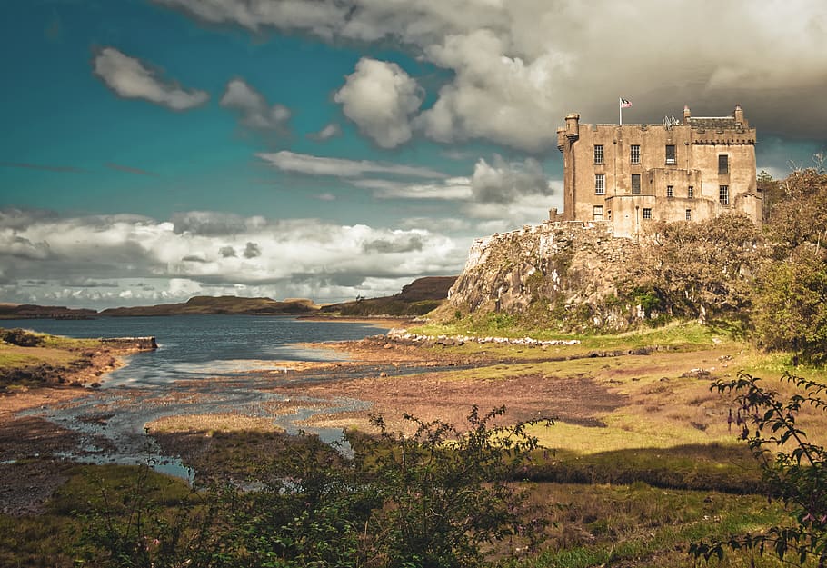 castle, water, scotland, fortress, architecture, nature, lake, HD wallpaper