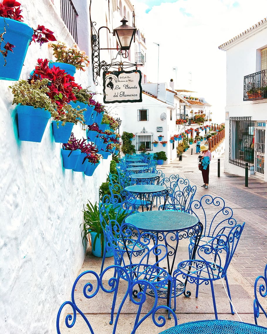 Blue Metal Bistro Sets Near Potted Flowers and Road, architecture
