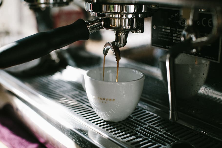 Espresso Machine Pouring White Ceramic Cup, beverage, caffeine