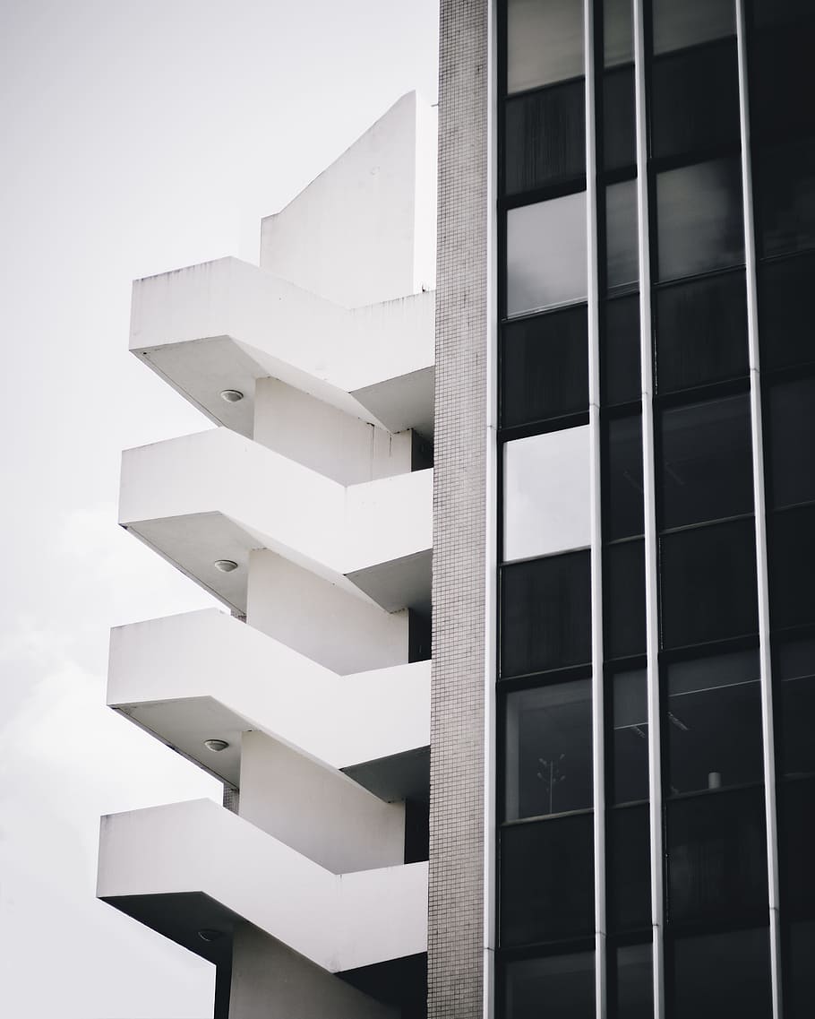 low angle photography of white high rise building, stairs, minimal HD wallpaper