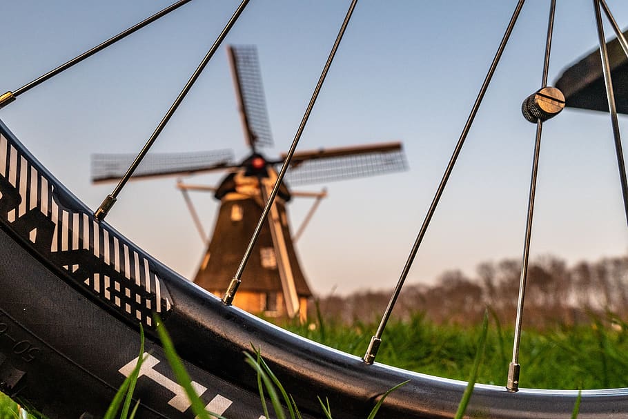 windmill, wheel, bicycle, sky, nature, focus on foreground HD wallpaper