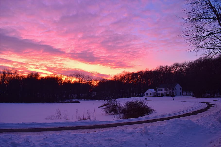 sunset, house, snow, light, landscape, color, nature beauty HD wallpaper