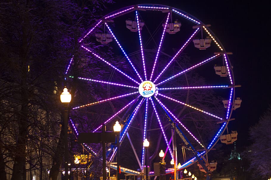 canada, quebec, illuminated, amusement park, ferris wheel, night HD wallpaper