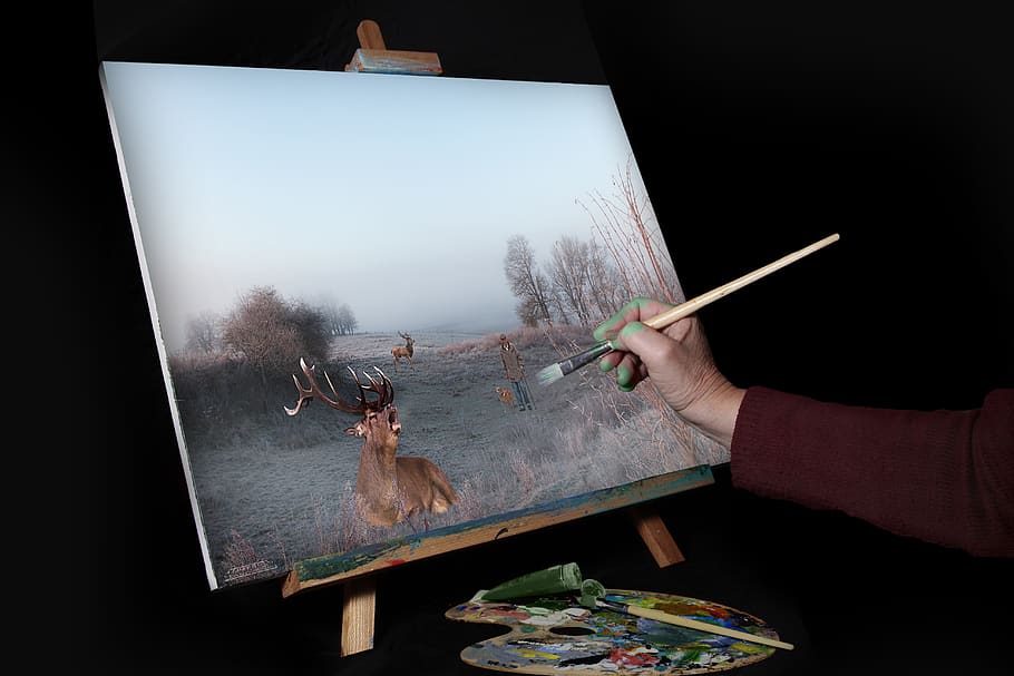 table, painting, mounting, landscape, creativity, human hand HD wallpaper