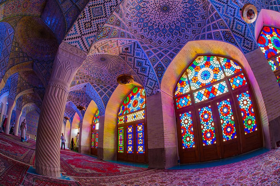 multicolored concrete hallway, mosque, arch, building, architecture