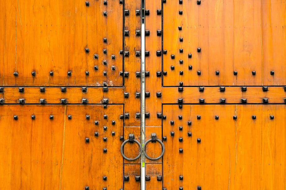 gate, chinese gate, cross, orange, rivet, wood, traditional HD wallpaper