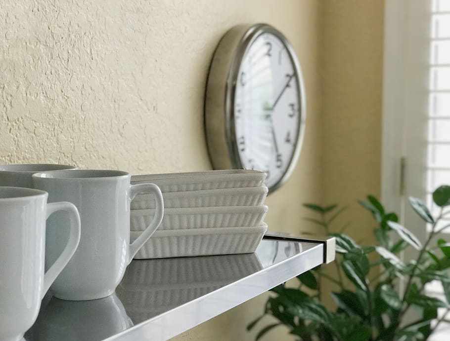 clock, metal shelf, kitchen, indoors, time, no people, cup HD wallpaper