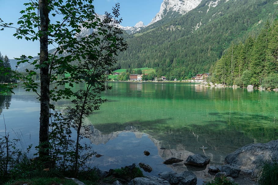 germany, ramsau bei berchtesgaden, hintersee, reflection, mountains