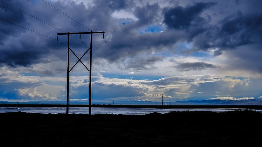 Transmission Tower, backlit, clouds, electric posts, environment HD wallpaper