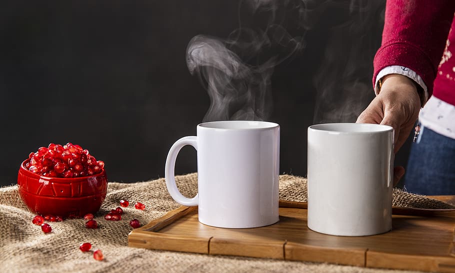two white ceramic mugs on brown wooden tray, human, person, coffee cup