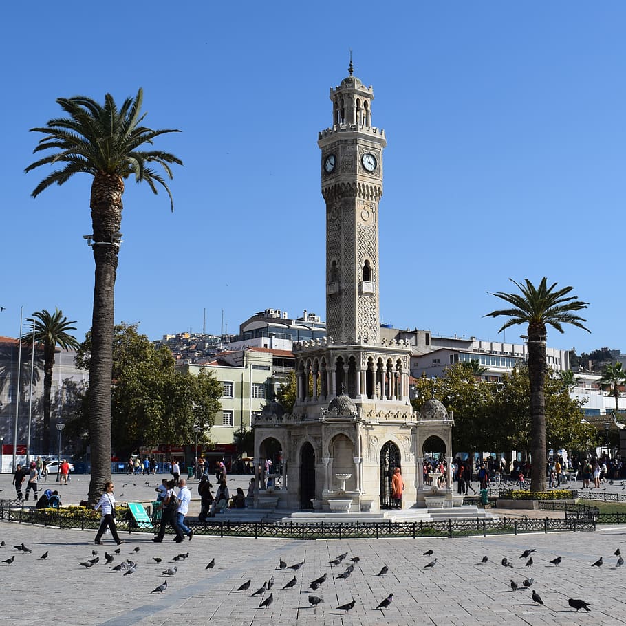 izmir, tower, turkey, timepiece, pigeons, tourism, architecture