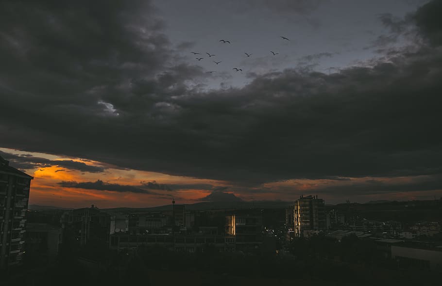 urban, city, sunset, clouds, mood, landscape, cityscape, buildings HD wallpaper
