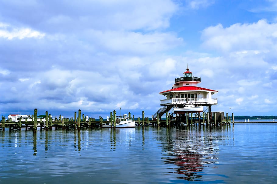 lake, lighthouse, sky, landscape, nature, bridge, clouds, coast, HD wallpaper