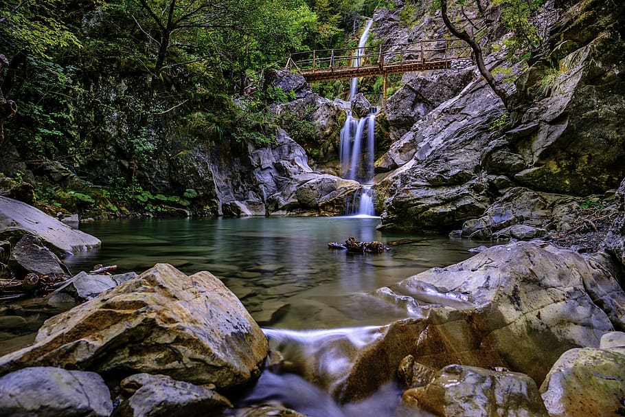 waterfall, pond, dark, landscape, nature, mood, forest, torrent HD wallpaper