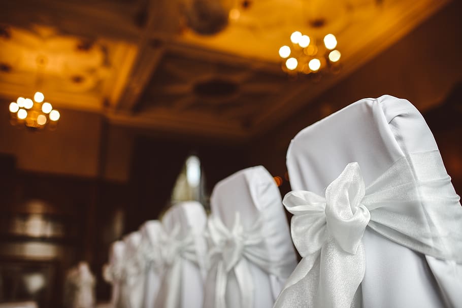 white chair cloth, bow, depth of field, ceiling, interior, wedding HD wallpaper