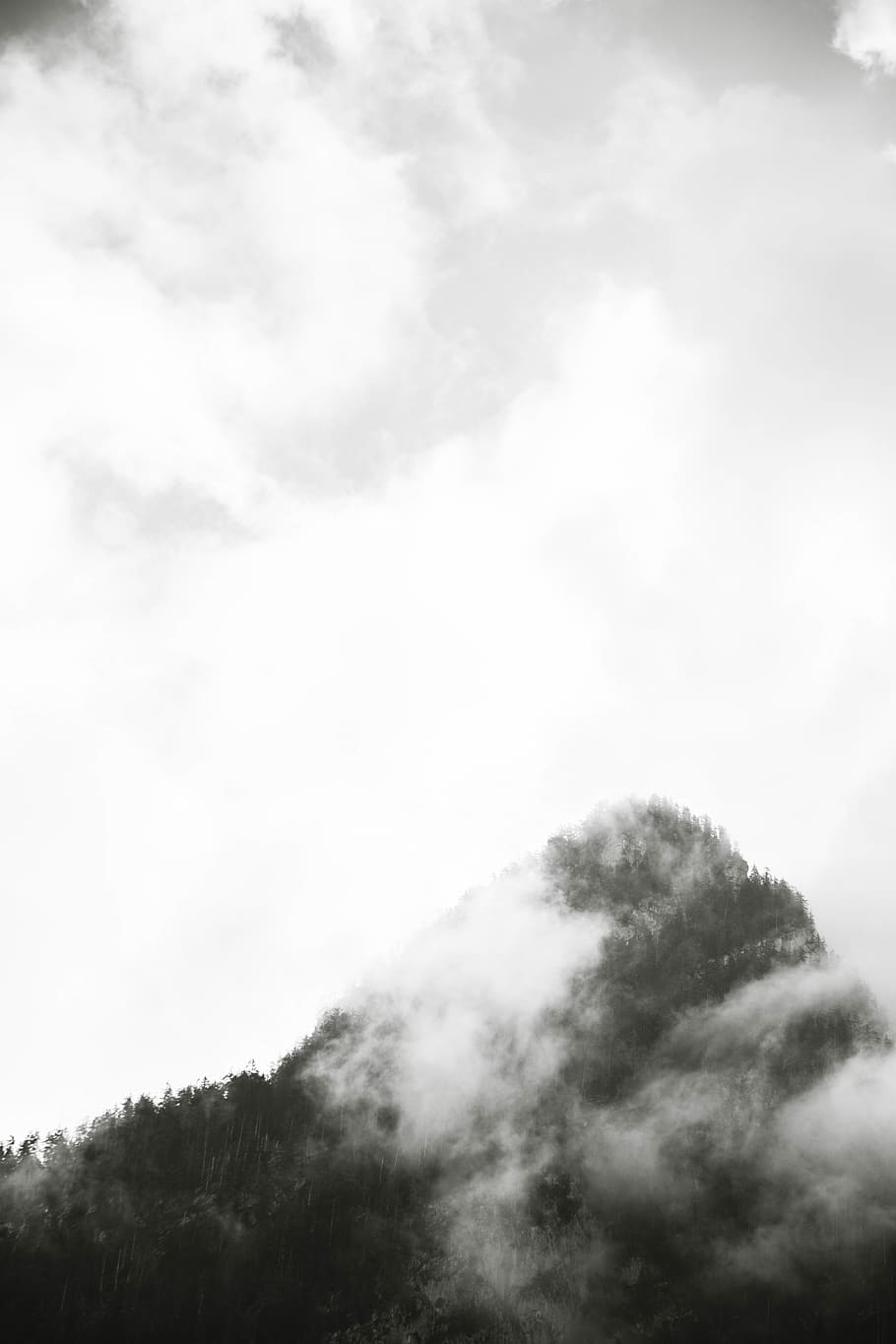 Grayscale Photo of Mountain Peak and Clouds, background, black-and-white HD wallpaper