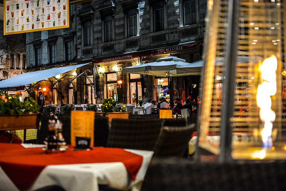 split croatia, cafe, evening, night, nightlife, flame, heater HD wallpaper