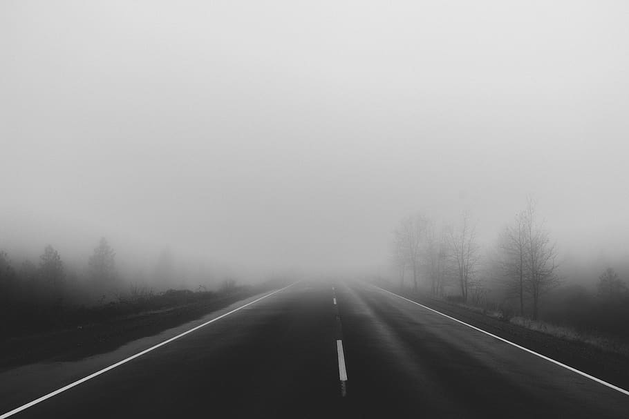 road, street, highway, fog, mist, travel, traffic, outdoor