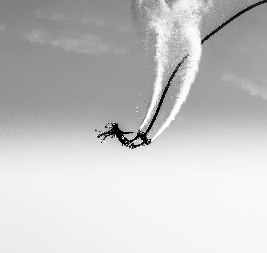 grayscale photography of person doing stunt on air, smoke, villingili, HD wallpaper