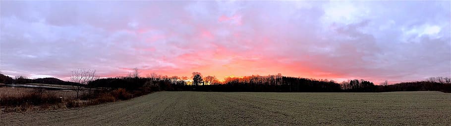sunrise, panoramic, field, rural, clouds, landscape, nature, HD wallpaper