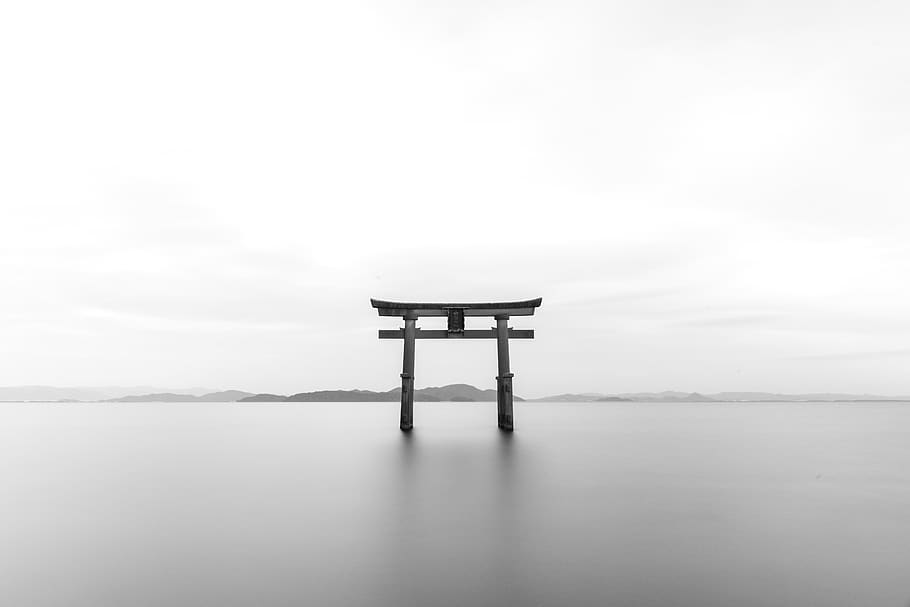 black and white, lake, ocean, sea, torii, shirahige, shrine, HD wallpaper