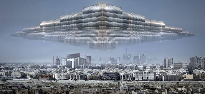 city, ufo, forward, architecture, light, futuristic, flying HD wallpaper