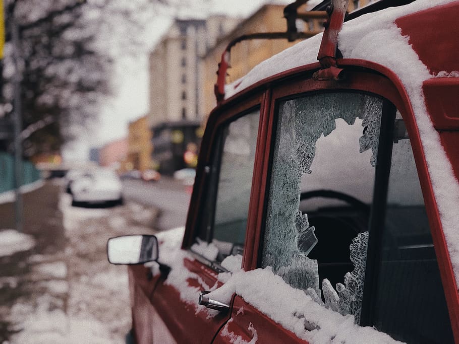 red vehicle with broken window, nature, weather, outdoors, mirror HD wallpaper