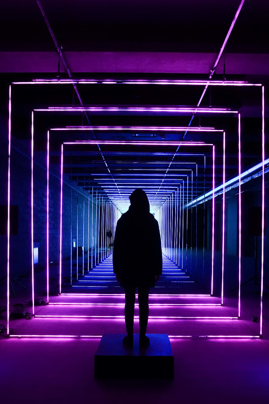 Silhouette Photo of Person Standing in Neon Lit Hallway, artsy, HD wallpaper