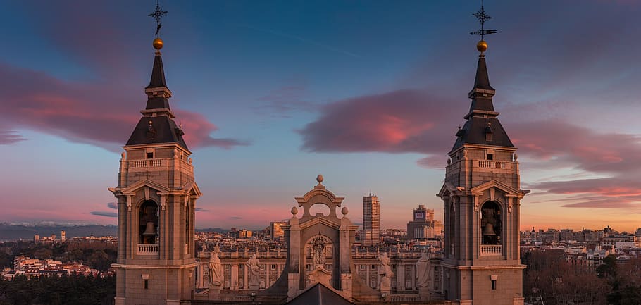 dawn, panoramic, almudena, madrid, facade, campaigns, torres HD wallpaper