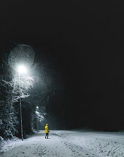 norway, larvik, light, street, trees, winter, yellow, jacket HD wallpaper