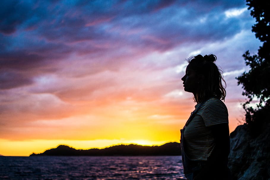 croatia, lopud, human, young, sunset, sky, colors, lake, sea HD wallpaper