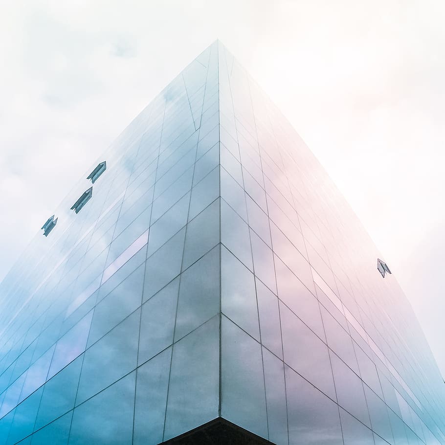 architectural photography of blue glass building, cloud, window HD wallpaper