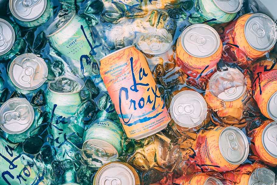 top view photography of orange steel soda can lot, ice, summer, HD wallpaper
