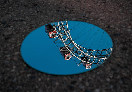 round mirror reflecting ferris wheel, street, reflection, abstract HD wallpaper